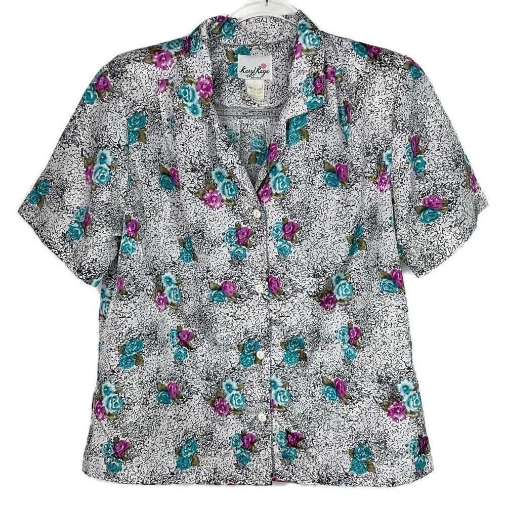 Karyl Kaye Petites Vintage White Floral Short Sleeve Button Up Shirt Medium